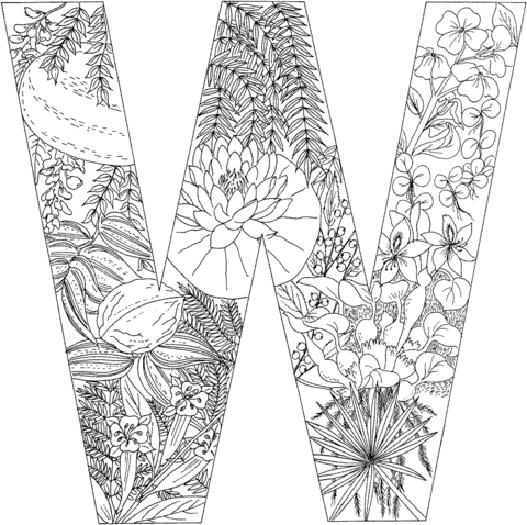 Letter W With Plants Coloring Page